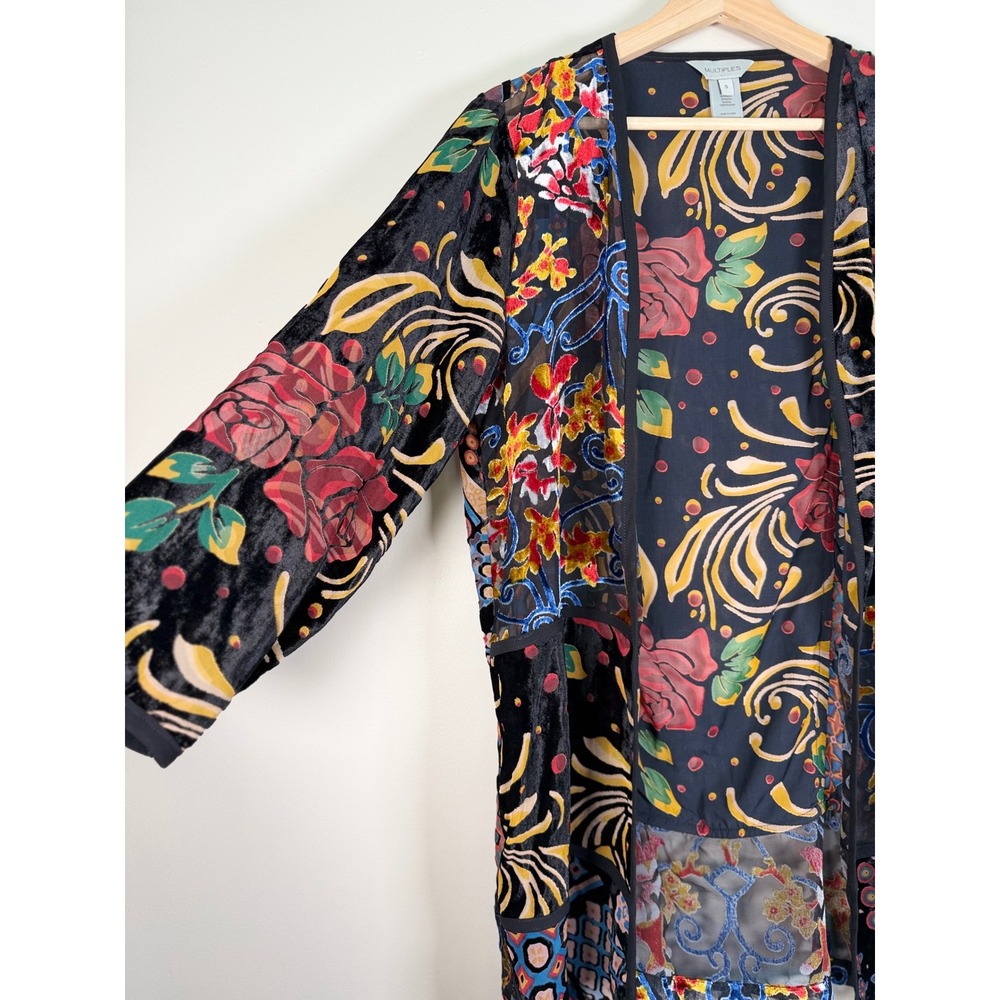 Multiples Small Burnout Velvet Floral Patchwork Kimono Cardigan Black Rose - Picture 3 of 9